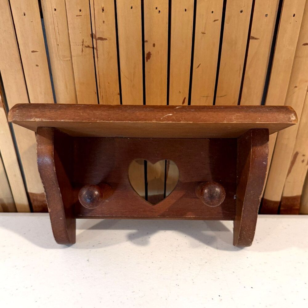 Vintage Wooden Wall Shelf Rack w Pegs Heart Cutout Rustic Farmhouse Decor